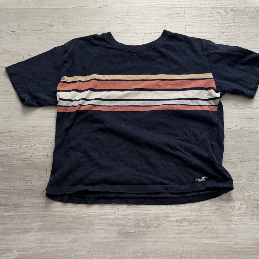 Hollister Navy Short-Sleeve Tee with Cream & Rust Stripes